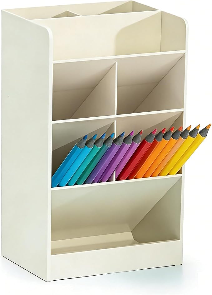 Tissting Desk Organizer, Space-Saving Slanted Design Pen Holder, Pen Holder with 7 Compartments, Pencil and Marker Storage Stand for School Office, Organizer for Office, School Supplies (White)