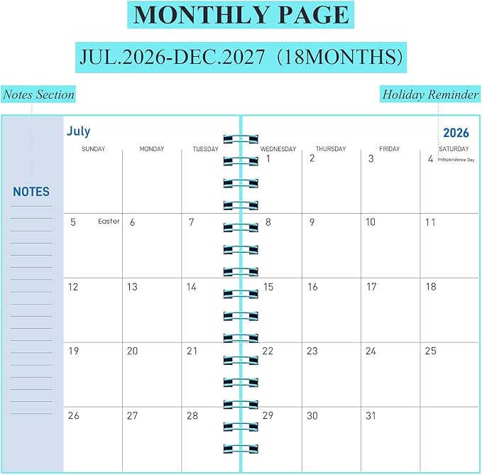 Planner 2026-2027, Weekly and Monthly Planner 2026-2027 Academic Year (July 2026-June 2027), 18 Months Calander Planner, Daily Agenda Book for School Student, Teachers, Office Supplies, Home, 8.2"×5.5" (JUL.2026-DEC.2027 Light Blue)