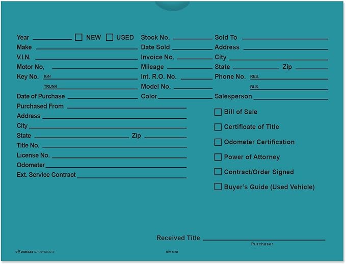 Printed Vehicle Deal Envelopes 9x12 Deal Jackets (100 shrink wrapped) (Teal)