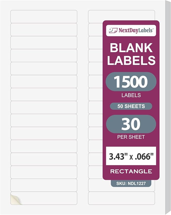 NextDayLabels 0.66x3.43 Inch Rectangle File Folder Labels White for Laser Inkjet Printer - 30 Per Sheet Self-Adhesive Organization Filing Made in USA - 1500 Labels