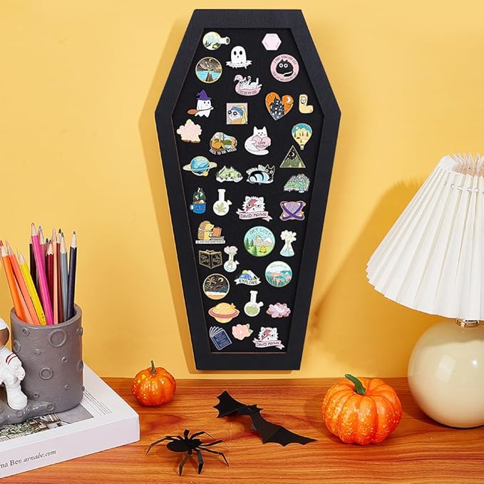 BENECREAT Coffin Pin Display Board, 15.7x7.8x0.7inch Bulletin Display Board Wall Mounted Felt Board with Black Wood Frame for Brooch Pin Display, Office Home Decor