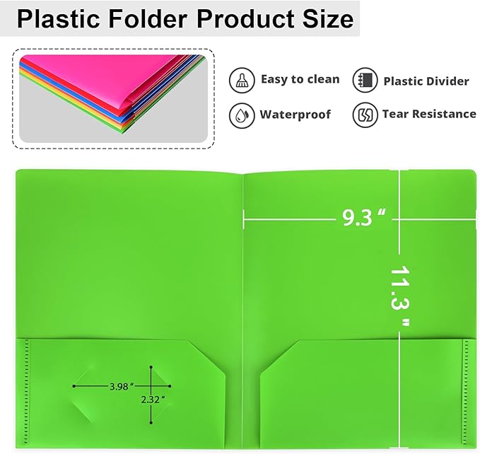 Plastic Folders with Pockets, 2 Pocket Folders Fit Letter Size Paper, Heavy Duty Paper File Folder with Business Card Holder for School Office Home Business (6 Pack, Assorted Colors)