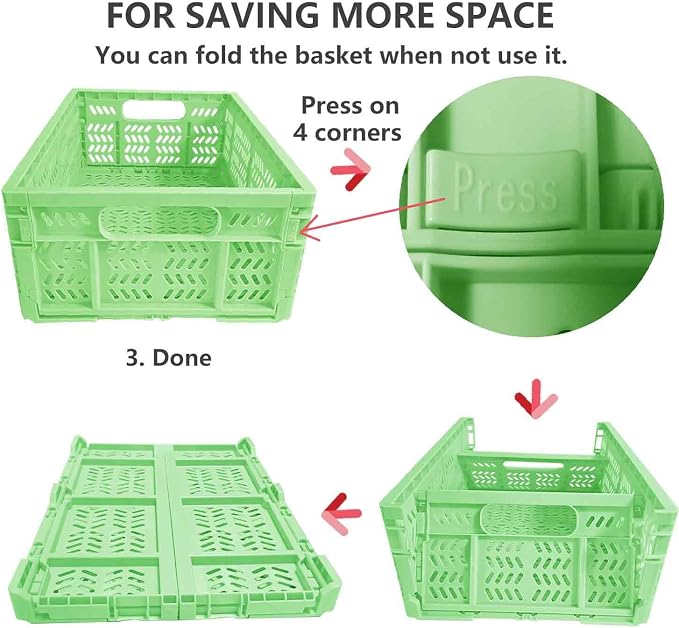 20L Folding Crate, 4Pack Plastic Storage Baskets Organizer for Home and Office,Collapsible Storage Crates for Home Office and Outdoor Organizer. (Green)