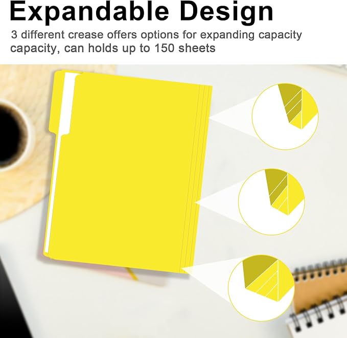 RAZCC File Folders, 100-Pack, 1/3 Cut, Letter Size, Yellow, Great for Organizing and Easy File Storage