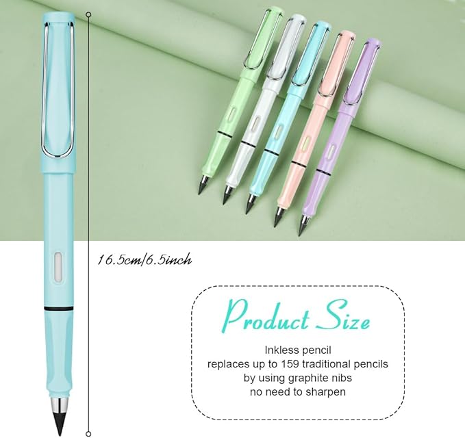 Ainiv Inkless Pencil with Eraser, 5 Sets Infinity Pencil Everlasting Pencil, Reusable Infinite Pencil with Extra 5 Eraser & 5 Replaceable Nibs, Endless Pencil for Home Office School Writing Drawing
