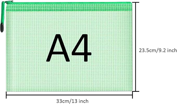 Mesh Document Bag Set of 10, Waterproof Zipper Pouch / A4 Size Zip File, for Household Daily Storage School Office M-D-2B (Green, A4 (13.5×9.5 Inch))