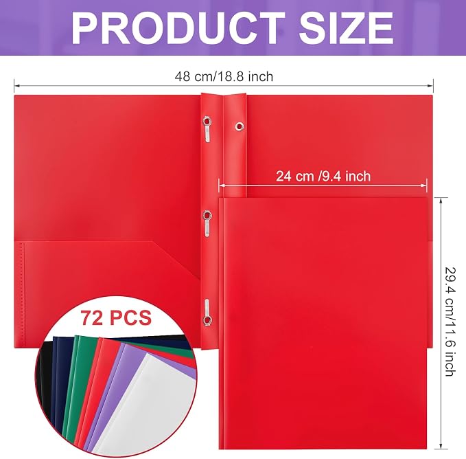 Cholemy 72 Packs Pocket Folders with Prongs Heavy Duty Plastic Folder with Business Card Slot 3 Prong Fasteners for School Office (Dark)