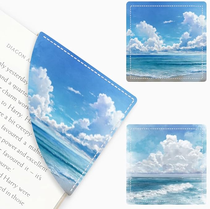 2PCS PU Leather Bookmarks 3.5x3.5 Inch Ocean Sky Cloud Design | PU leather bookmarks with ocean sky cloud design for beach novels, travel notes, summer reading and sea lovers.