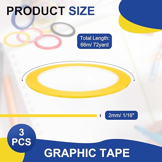 MECCANIXITY Whiteboard Tape 5/64" / 2mm Self Adhesive Graphic Chart Line Tape 72 Yard Grid Marking Stickers for Pinstripe Dry Erase Board Scrapbooking DIY Art Crafts, Dark Yellow, Pack of 3