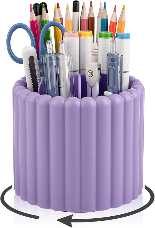 Anyoifax 360° Rotating Pen Holder 7 Slots Desk Organizer Removable Pencil Cup Plastic Art Supplies and Accessories Desktop Storage Box Caddy for Office, School, Home (Purple)