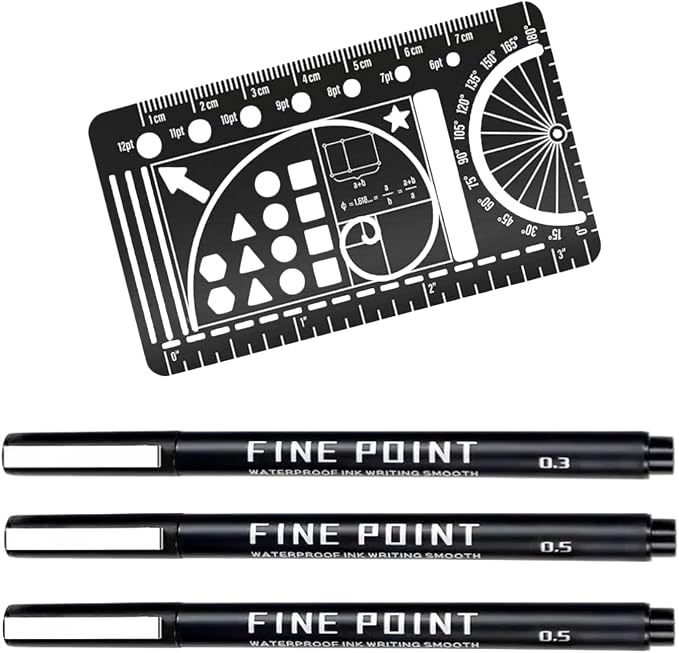 Planner Bullet Journal Stencil,Set Stainless Steel Stencils Metal Bookmark with 3 Fineliner Pens Set,Ruler Conversion, Protractor & Golden Ratio Stencils for Journaling,Bible Study,Sketching & Notes