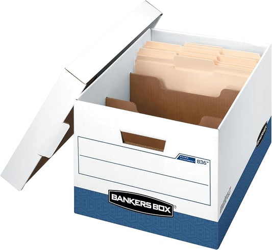 Bankers Box 12 Pack R-Kive DIVIDERBOX Heavy-Duty File Storage Boxes with Dividers, FastFold, Lift-Off Lid, Letter, White/Blue