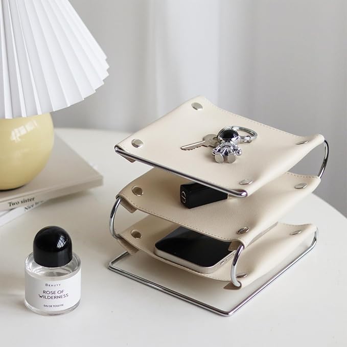 3 Tier Leather Desk Organizer, Leather Desk Caddy for Office Supplies, Desktop Cosmetic Tray Organizer Storage Box for Pens, Cable Organizer, Phone Holder, Desktop Paper Holder (Milk White)