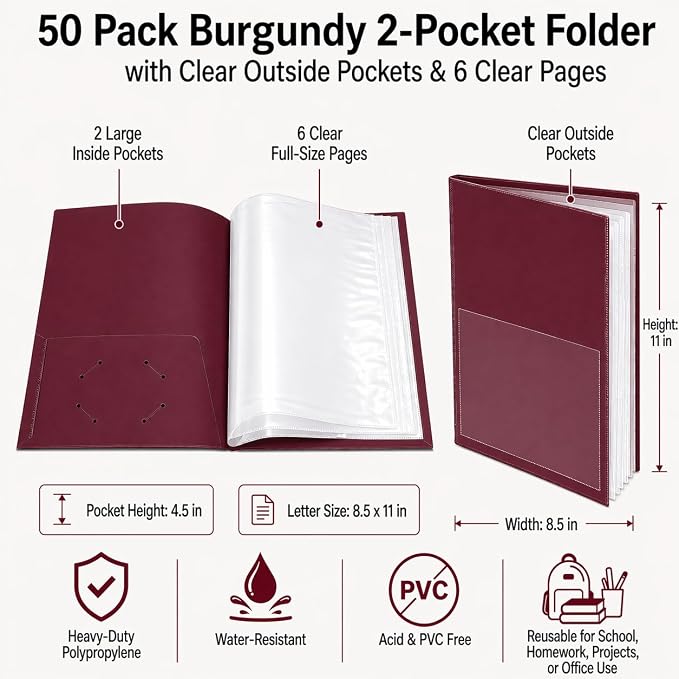 Ultra PRO - 50 Pack Burgundy Heavy Duty 2-Pocket Folders with 6 Clear Internal Pages, Waterproof Poly Project Organizer for School and Office, Fits 8.5 x 11 Letter Size, Customizable Clear Covers