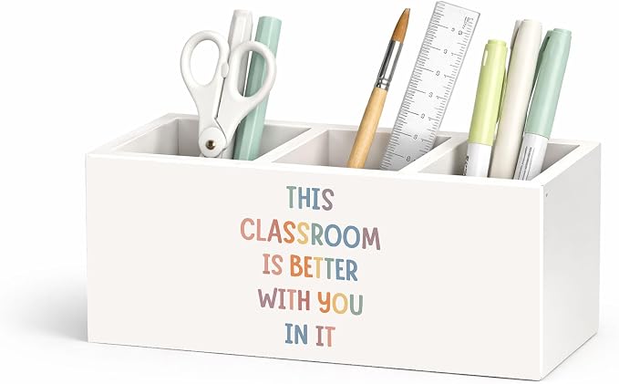 Wooden Desk Organizer for Teachers with Quote This Classroom Is Better With You In It, 3 Compartment Pen Holder, Teacher Appreciation Gift, Classroom Desk Decor