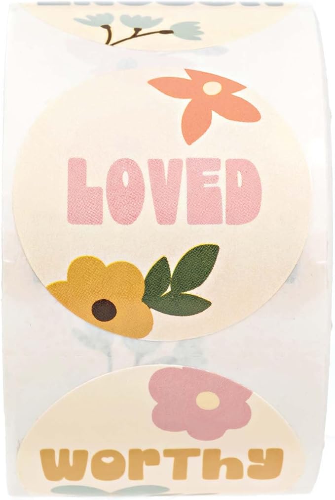 Retro Floral Encouraging Stickers / 500 Worthy Valued Loved Stickers / 1.5" Round Motivational Labels / 4 Alternating Uplifting Flower Designs