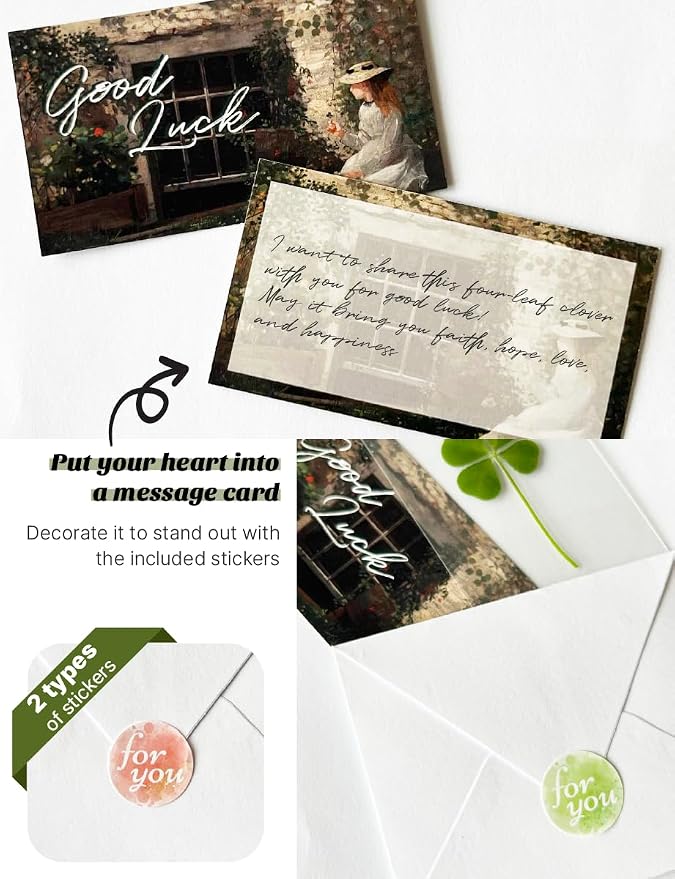 Genuine Real Four-Leaf Clover Bookmark, Elegant Bookmark, Smartphone, Wallet Coated Gift Thank You Card Four-Leaf Clover Gift (Fine Art Card)