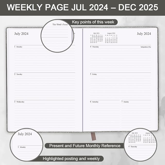 Planner 2024-2025 - 18 Months (July 24 - December 25) Academic Planner 5.8" x 8.5", 2024-2025 Weekly & Monthly Agenda with Pen Holder, Vegan Leather Hard Cover, Grey