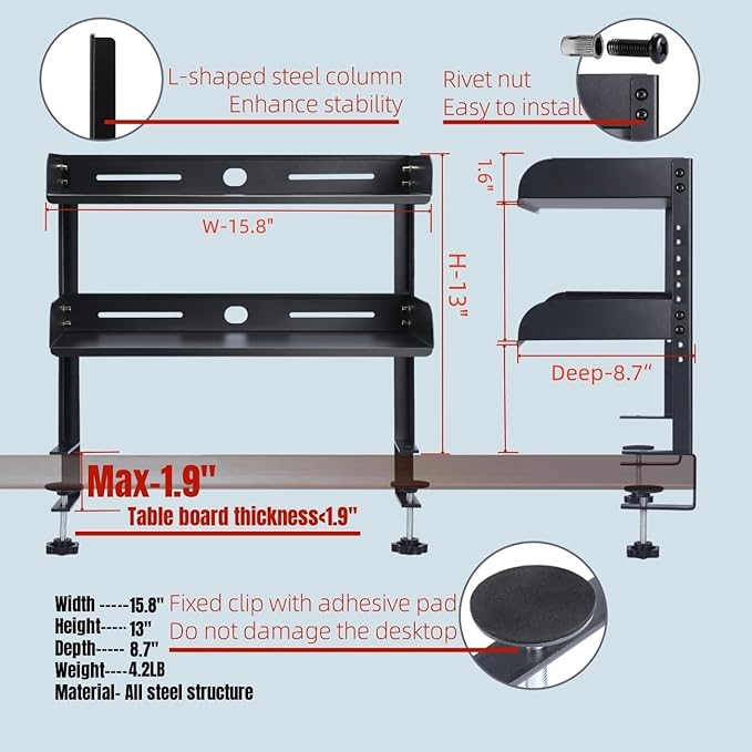 CanKing Desk Clamp Shelf 16 Inch Metal Organizer 2 Tier Adjustable Storage Rack Fits on or Under Table for Desktop Accessories Tray