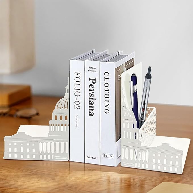 Capitol Book Ends Decorative for Shelves,ENCIMART 1.5mm Thickened Bookends with Pen Holder,Heavy Duty Metal Book Stopper Desk Organizer Holder for Office Gift (White)