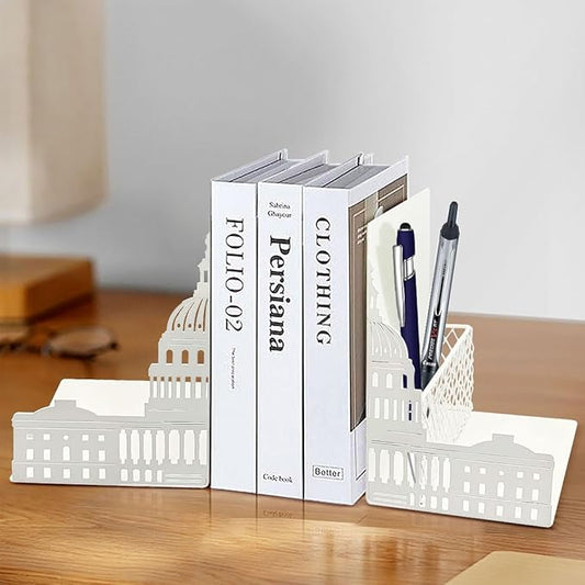 Capitol Book Ends Decorative for Shelves,ENCIMART 1.5mm Thickened Bookends with Pen Holder,Heavy Duty Metal Book Stopper Desk Organizer Holder for Office Gift (White)