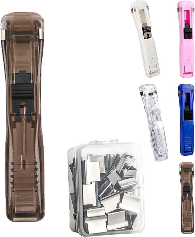 Portable Binder Clip Stapler with 100 Refill Clips,Handheld Paper Clamp Dispenser for Desktop/Document, No-Hole Binding, Home/School/Office Use (Black,A)