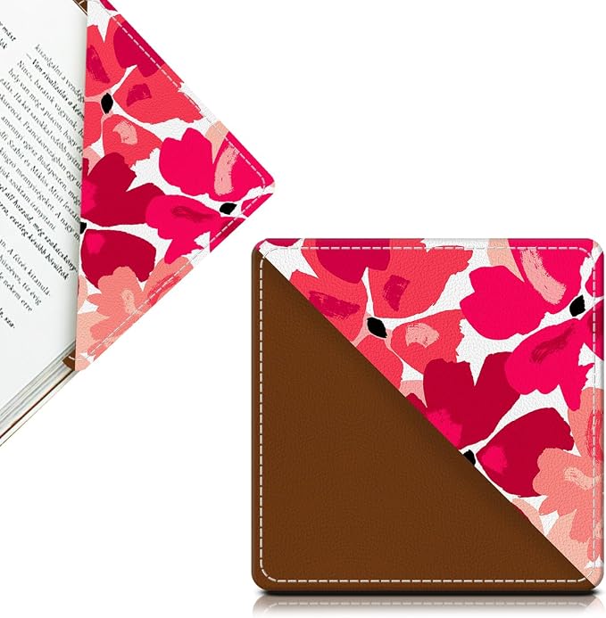 Cute Leather Bookmarks, Fun Triangle Making Corner Bookmark, Book Accessories for Reading Book Lovers, Unbreakable Page Markers for Women Men Pink Red Flower