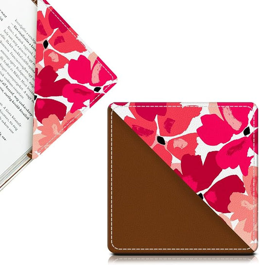 Cute Leather Bookmarks, Fun Triangle Making Corner Bookmark, Book Accessories for Reading Book Lovers, Unbreakable Page Markers for Women Men Pink Red Flower