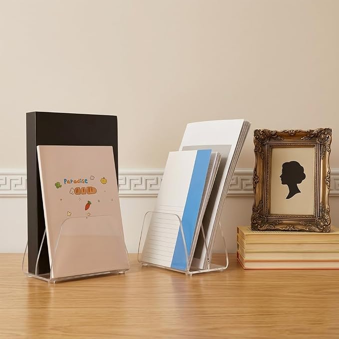 2 Pcs Acrylic Mail Organizer, 2 Compartments Desktop Organizer Holder Clear Small File Script Letter Office Document Storage for Desktop Bill Document Notebook