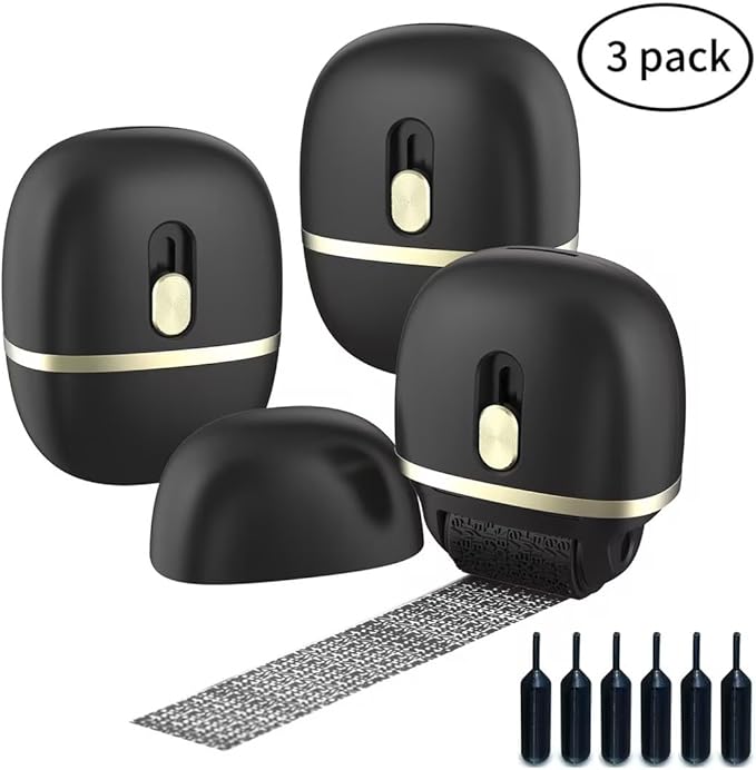 Lomil Identity Protection Roller Stamps - Wide Identity Theft Protection Stamp for ID Blockout with Refills - Privacy Confidential and Address Blocker (Black, 3 Pack)
