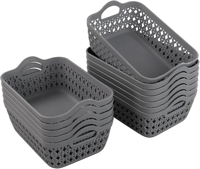 Kekow Gray Mini Plastic Storage Tray Basket with Handle, 12-Pack