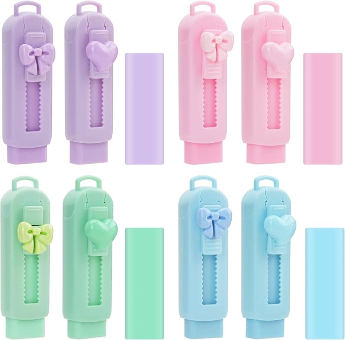 CEYAZYE 12PCS Sliding Retractable Pencil Erasers, Cute Push-Pull Rubber Eraser with 8 Plastic Sleeve & 4 Refills, Expandable Pen Eraser, Home School Supplies for Students Artists