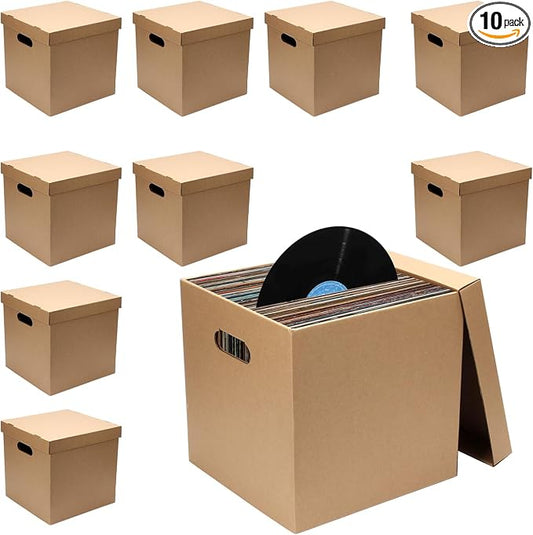10 Pcs Cardboard Vinyl Record Storage Box, Stackable Moving Box with Handles and Lids, Sturdy Cardboard Crate Vinyl Record Crate for Storing Album Document File Folder Organizer