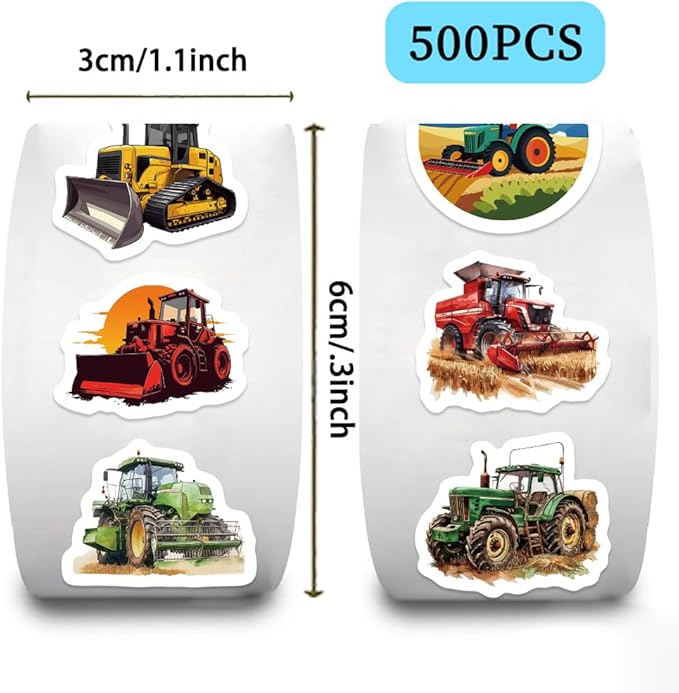 Truck Stickers for Kids,Construction Vehicle Sticker Label,500 Pcs Cartoon Tractor Stickers Roll Self Adhesive Decals for Party Supplies Decorations Water Bottle Laptop Luggage Scrapbook