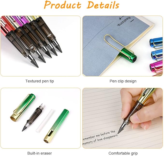 Ainiv Inkless Pencil with Eraser - 5 Sets Infinity Pencil, Reusable with Extra 5 Eraser & 5 Replaceable Nibs for Home, Office & School Writing, Drawing