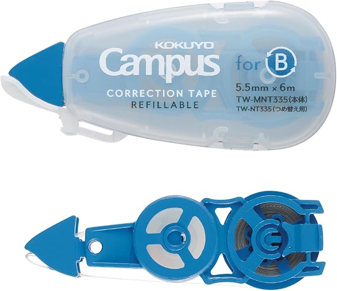 KOKUYO Refillable Correction Tape and Refill, 19.7 ft (6 m) Small White Out 5.5 mm Wide Easy To Use Applicator for Instant Corrections, Metal Tip with Clean Cut, Compact Size. Japan Import (TW-MNT335)