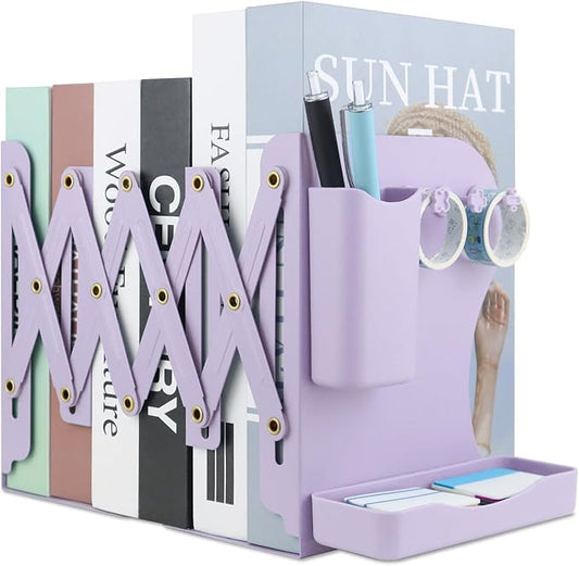 Heavy Duty Bookends Adjustable Book End, Desk Book Holder for Shelves, Book Organizer for Desk, Suitable for Office Home School (19.69 inches Max) (Purple)
