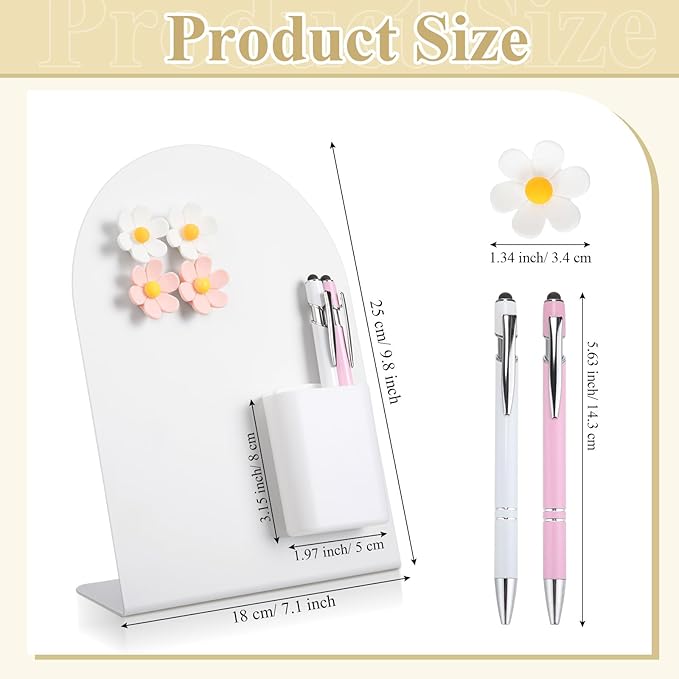 Redbaker 2 Pcs Magnetic Bulletin Board for Tabletops with 8 Flower Magnets 2 Magnetic Pen Holder 2 Pen 10 x 7 Inch Memo Display Easel Stand for Home Office School Kitchen Table Supplies (White)