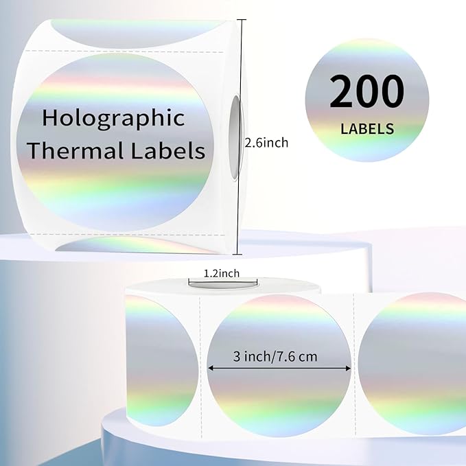 STARLIBOO 3 Inch Holographic Labels, Circle Direct Thermal Labels Stickers, Self-Adhesive Round Printer Labels for DIY Logo Design (Holographic Silver)