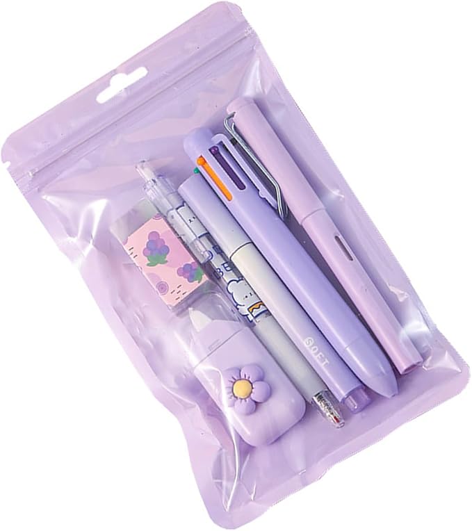 6Pcs Stationeries Set with Retractable Gel Pen Multicolored Pen Eraser Pencil Marker White Out Correction Tape Supplies