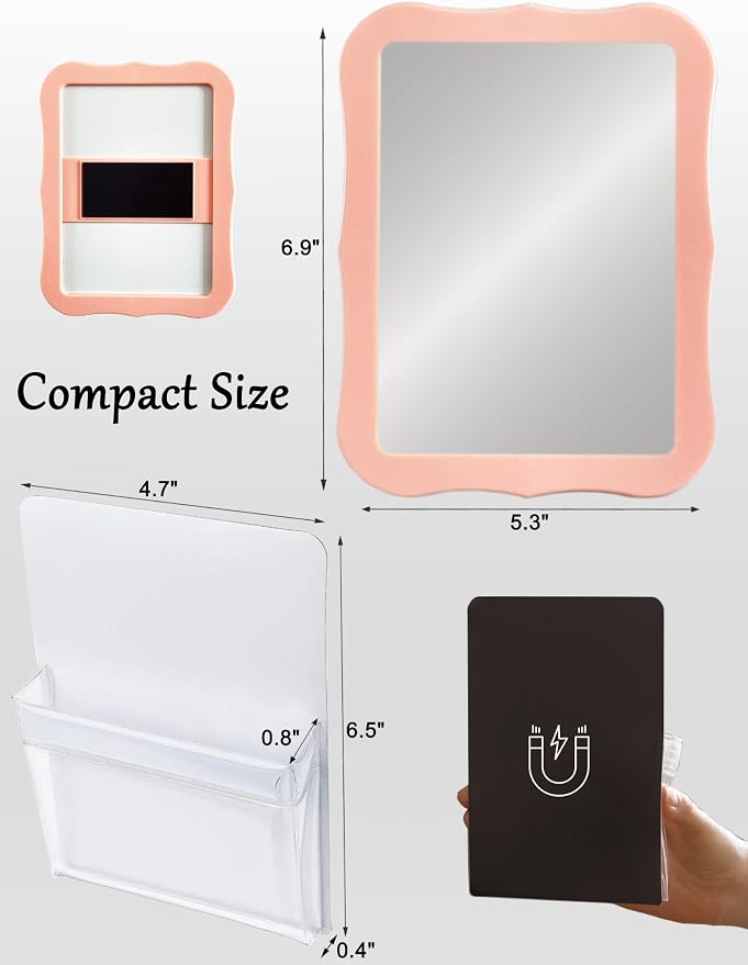 Magnetic Locker Mirror with Pen Holder, Practical Locker Accessory Kit, Pink
