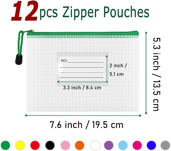 Plastic Mesh Zipper Pouch, 12Pcs Zipper File Bags with Label Pocket, Game Boards Storage Bags, Waterproof Document Storage Bags for Office Home Travel (B6 Size 7.6x5.3 in)