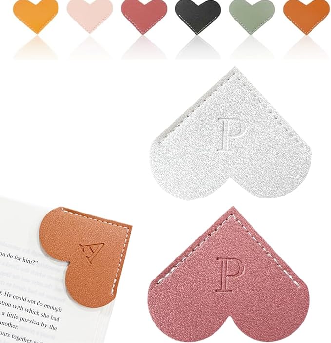 Personalized Leather Heart Bookmark, 26 Letters Customized Corner Book Mark for Reading Women, Book Marker with Initials，Cute Gifts (White+Deep Pink, P)