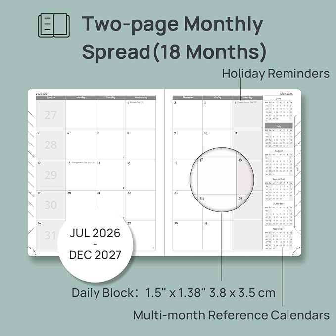 POPRUN Monthly Planner 2026-2027 (Medium- 6.5'' x 8.5'' Soft Cover), 18-Month Calendar Book (Jul.2026-Dec.2027), Calendar Planner with Monthly Tabs & Pocket, 100 GSM Paper - Brown
