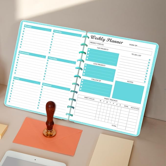 Weekly Planner Undated Refills - Letter Size 53 Sheets/106 Pages Weekly Planner for 11-Disc Discbound, TUL, 100 gsm White Paper, Lasts 1 Year, Undated, 8.5" x 11", Teal