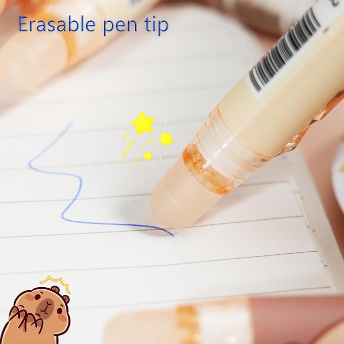 12-Pack Cute Erasable Pens, 0.5mm Fine Tip Blue Ink Retractable Pen, Adorable Capybara Stationery Set, Ideal for Office, School, Women and Men (Blue Ink - Capybara)
