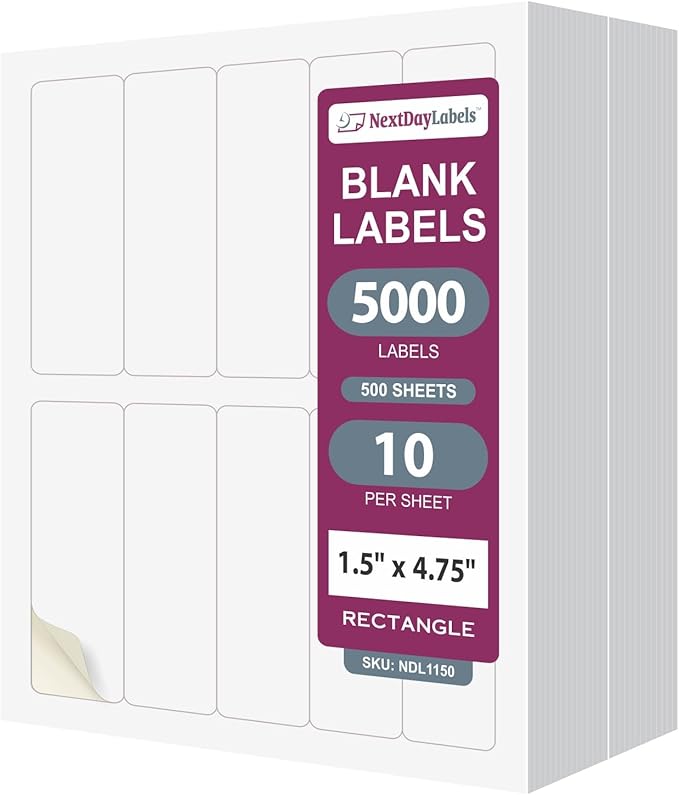 NextDayLabels 1.5x4.75 Inch Rectangle Stickers White Blank Labels for Laser Inkjet Printer - 10 Per Sheet Self-Adhesive Unique Size Label Made in USA - 5000 Labels