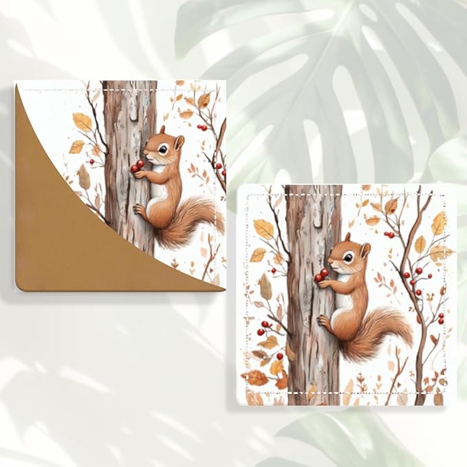 2PCS PU Leather Bookmarks 3.5x3.5 Inch Squirrel Autumn Tree Design | PU leather bookmarks with squirrel autumn tree design for novels, reading notes, planners, students, teachers and book fans