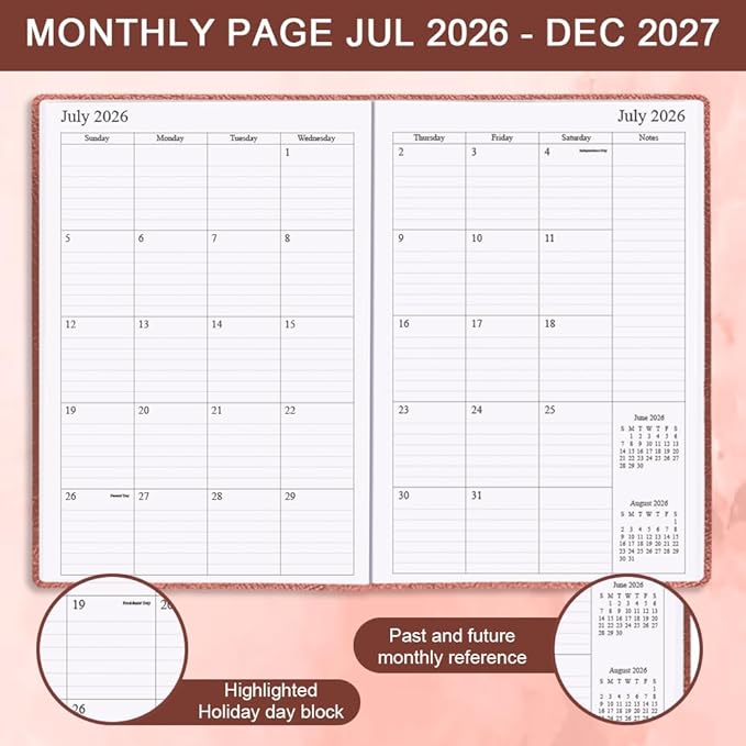 2026-2027 Planner - Weekly & Monthly Planner Runs from July 2026 to Dec 2027, 5.8" x 8.25", 18 Month Planners, 14 Notes Pages, Inner Pocket, PU Leather Hard Cover, Brown Monthly Planners 2026-2027