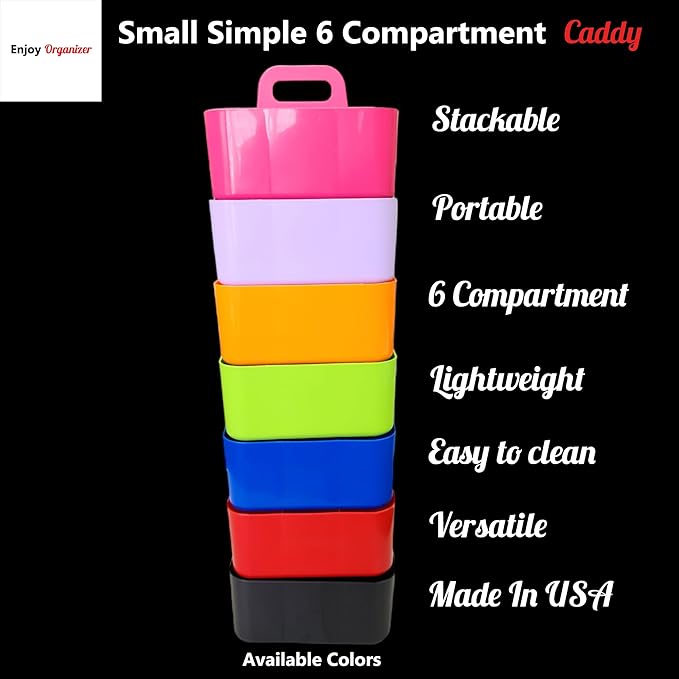 Small Stackable Plastic Caddy with Handle 6 Compartment | Desk, Makeup, Dorm Caddy, Classroom Art Organizers - 4 Pack, Made In USA (Black/Red/Blue/Hot Pink)
